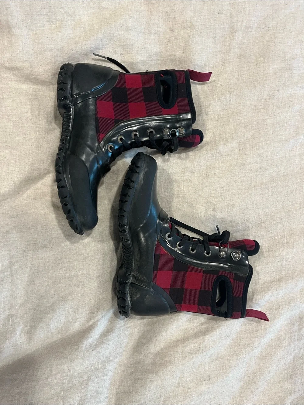 Bogs Black and Red Buffalo Plaid Lace-Up Waterproof Boots